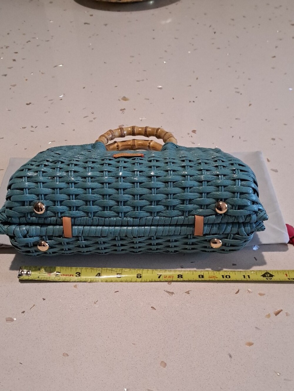 Frances Valentine Teal Buzzy Basket Woven Tote with Bamboo Top Handle - Picture 15 of 16